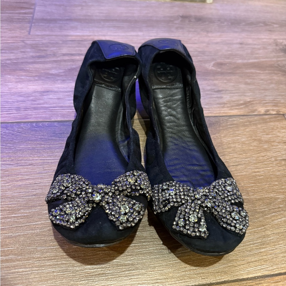 Tory Burch Black Flats with Crystal Bow